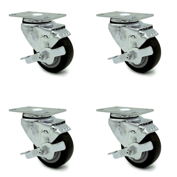 3 Inch Black Polyurethane Wheel Swivel Top Plate Caster Set with Brake SCC